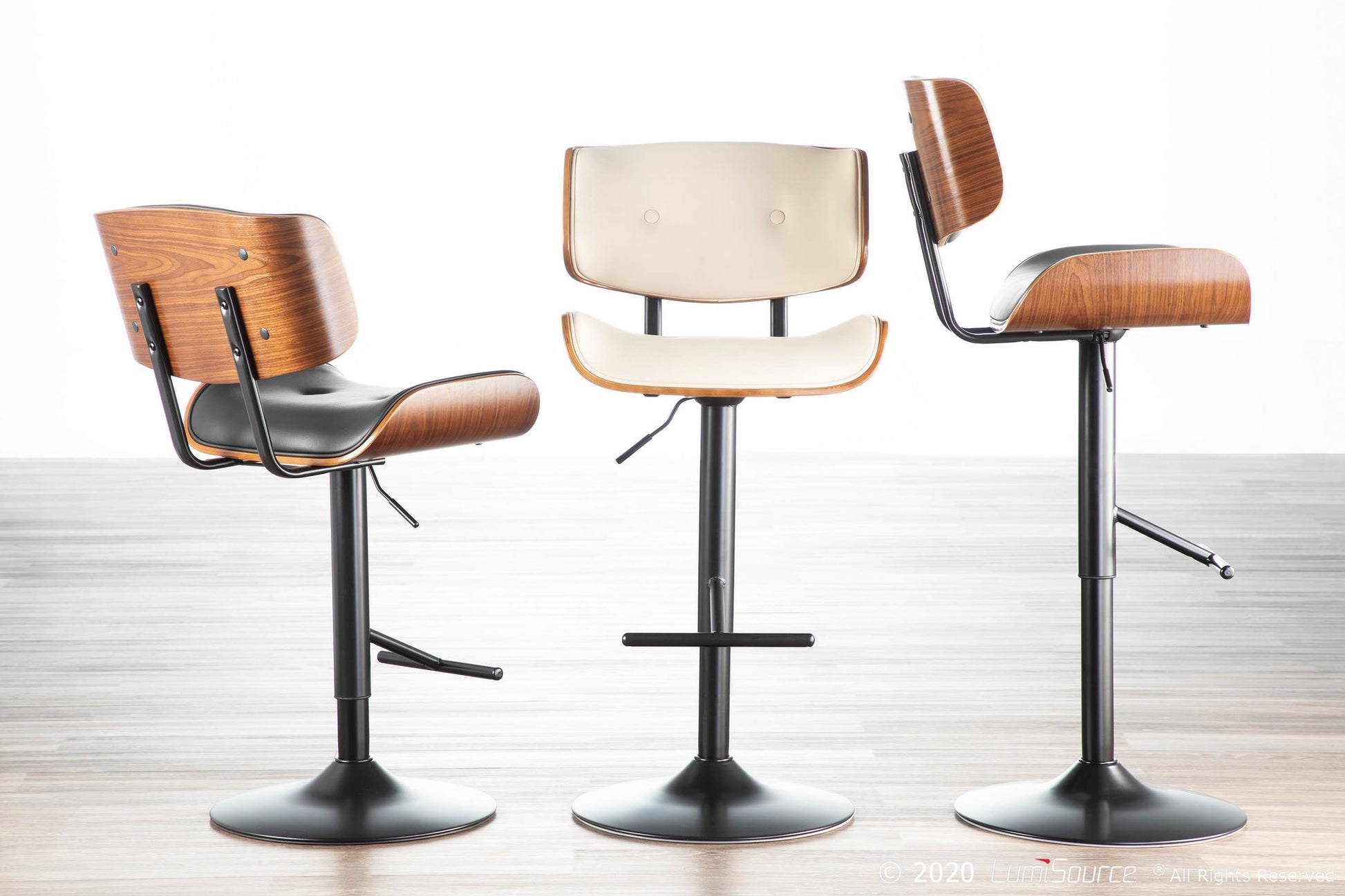 Lombardi Mid-Century Modern Adjustable Barstool with Swivel in Black Metal, Walnut Wood and Black Faux Leather By LumiSource - Set of 2 | Bar Stools | Modishstore - 7