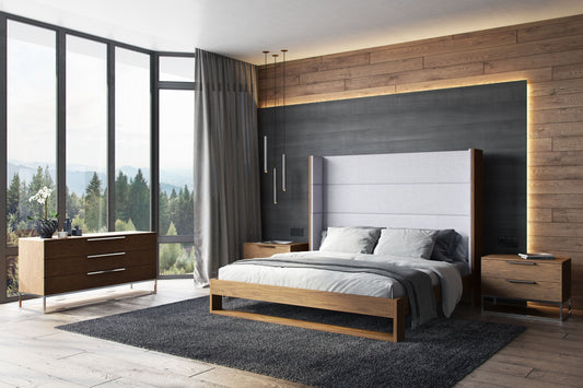 Modrest Heloise - Contemporary Grey Fabric & Walnut Trim Bed | Modishstore | Beds