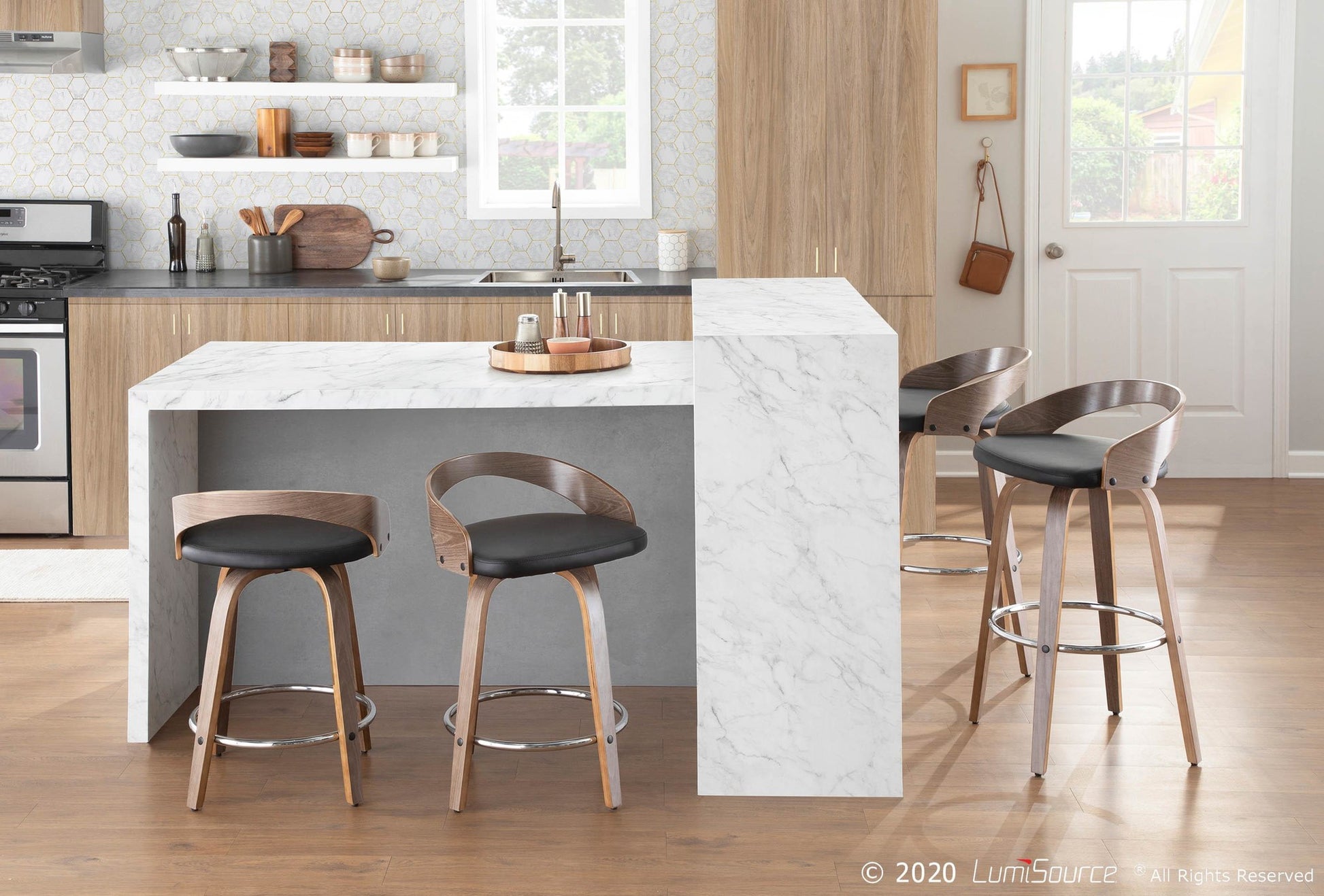 Grotto 30" Mid-Century Modern Fixed Height Barstool with Swivel in Light Grey Wood and Black Faux Leather By LumiSource - Set of 2 | Bar Stools | Modishstore - 7