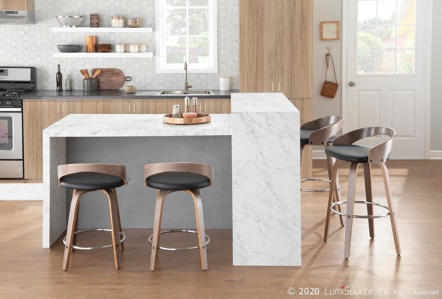 Grotto 25" Mid-Century Modern Fixed Height Counter Stool with Swivel in Light Grey Wood and Black Faux Leather By LumiSource - Set of 2 | Counter Stools | Modishstore - 7