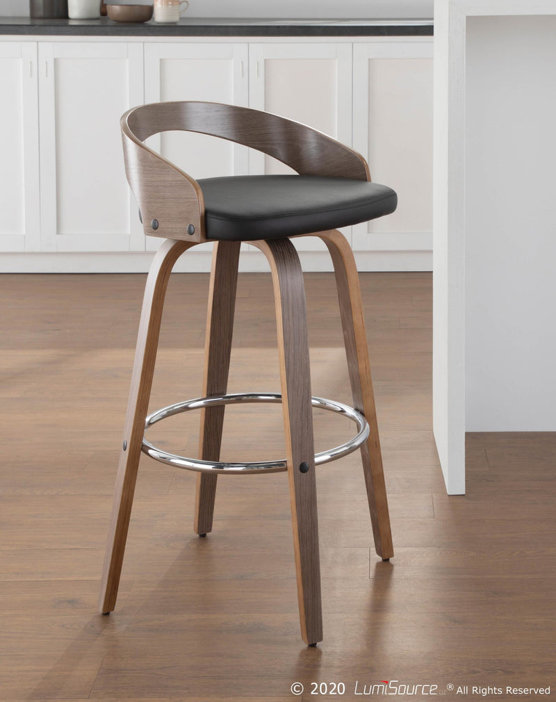 Grotto 30" Mid-Century Modern Fixed Height Barstool with Swivel in Light Grey Wood and Black Faux Leather By LumiSource - Set of 2 | Bar Stools | Modishstore