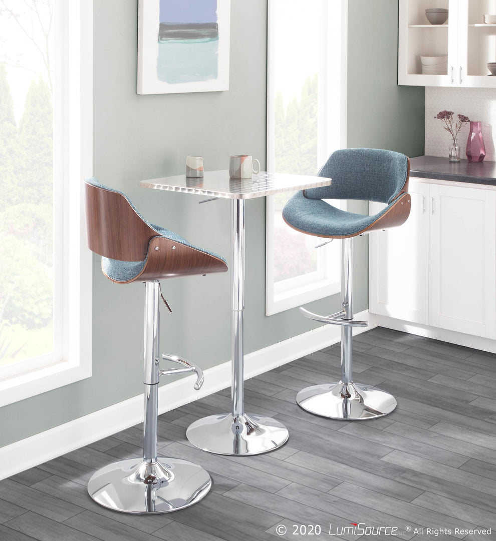 Fabrizzi Mid-Century Modern Adjustable Barstool with Swivel in Walnut and Blue Fabric By LumiSource - Set of 2 | Bar Stools | Modishstore