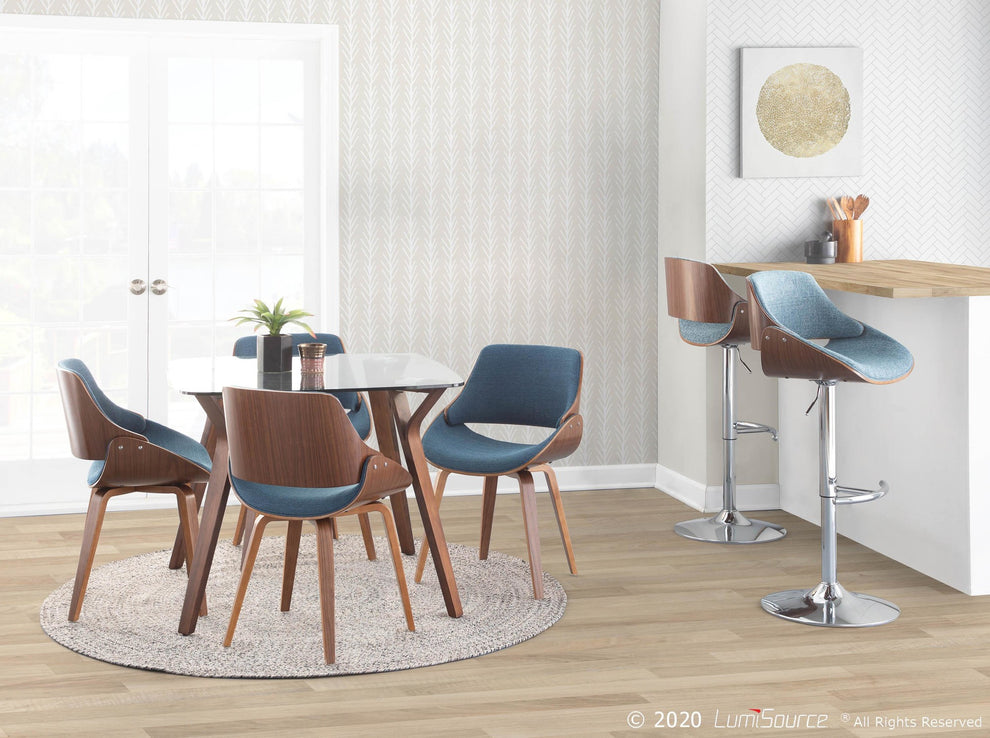 Fabrizzi Mid-Century Modern Adjustable Barstool with Swivel in Walnut and Blue Fabric By LumiSource - Set of 2 | Bar Stools | Modishstore - 6