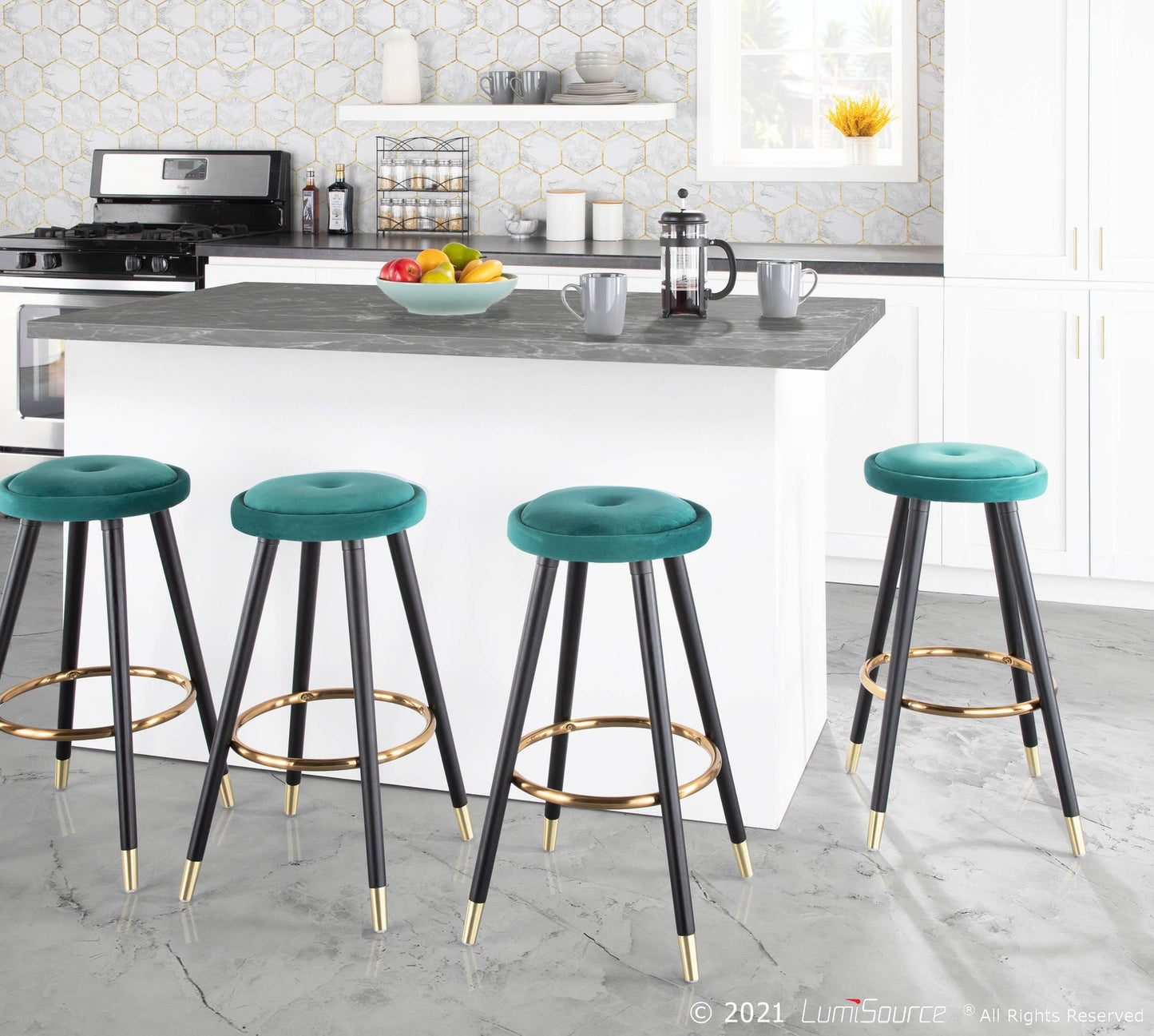 Cavalier Glam Counter Stool in Black Wood and Blue Velvet with Gold Accent By LumiSource - Set of 2 | Counter Stools | Modishstore - 13