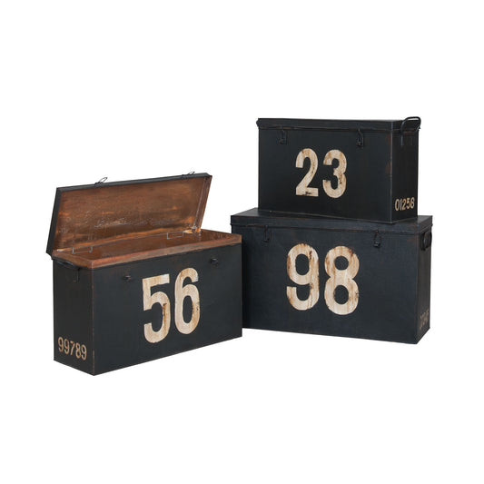 Guild Master Antique Tin Boxes In Signature Black With White Graphics - Set of 3 | Modishstore | Decorative Boxes