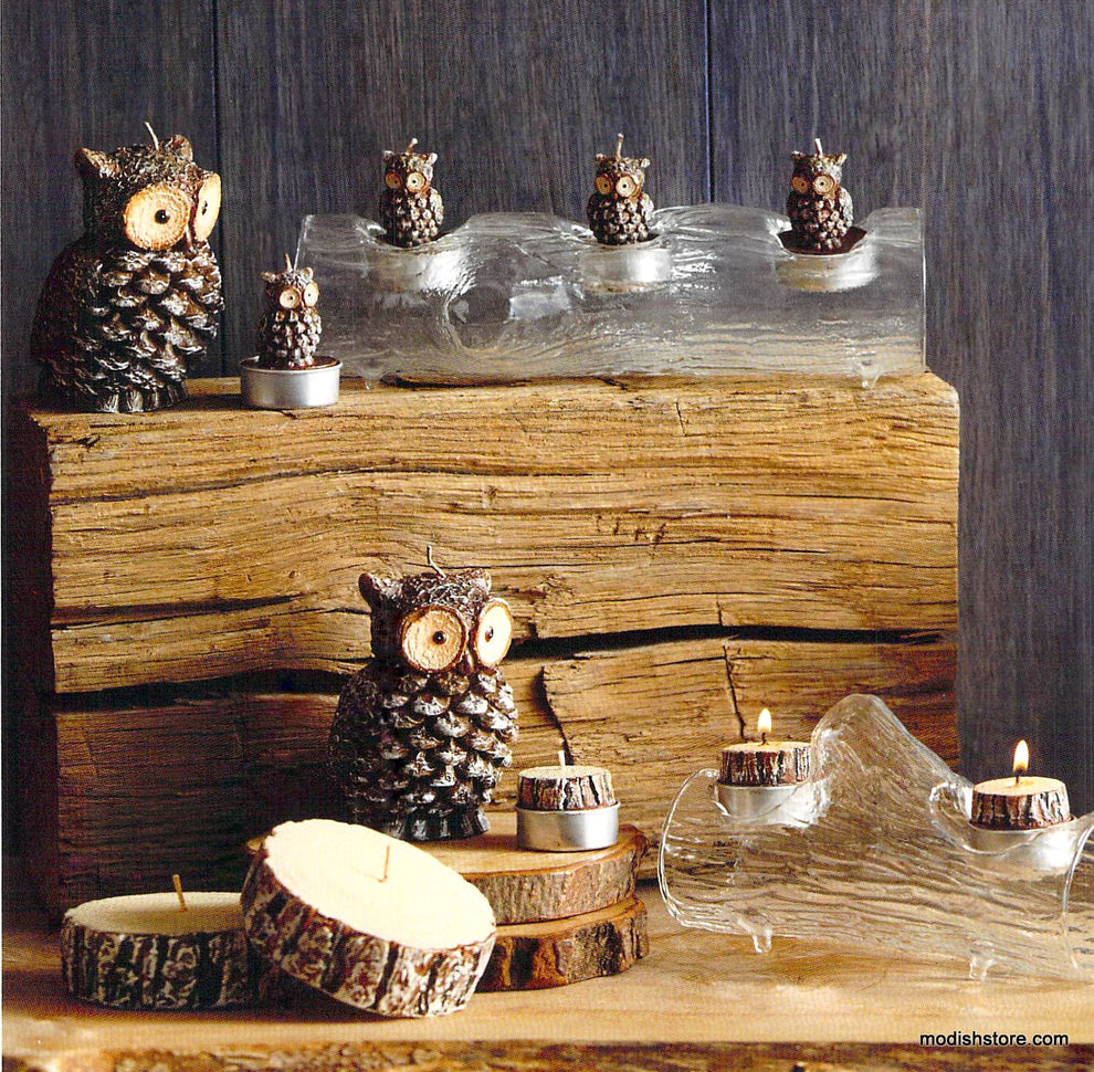 Roost Owl Pine Cone & Log Slice Candles