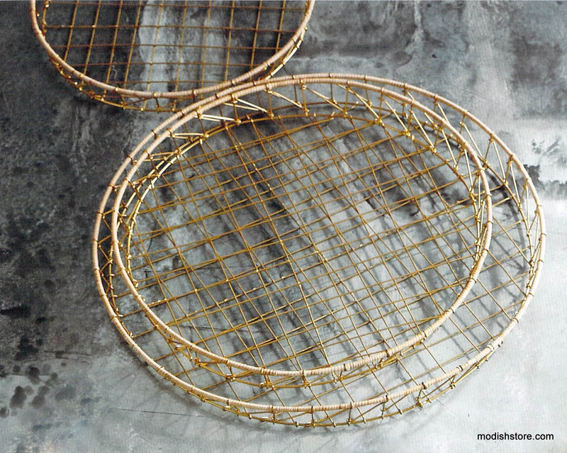 Roost Gio Brass Wire & Rattan Baskets - Round - Set/3