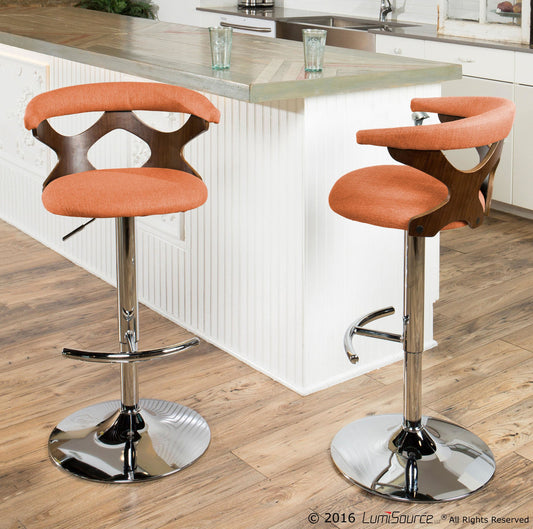 Gardenia Mid-Century Modern Adjustable Barstool with Swivel in Chrome, Walnut Wood and Orange Fabric By LumiSource - Set of 2 | Bar Stools | Modishstore