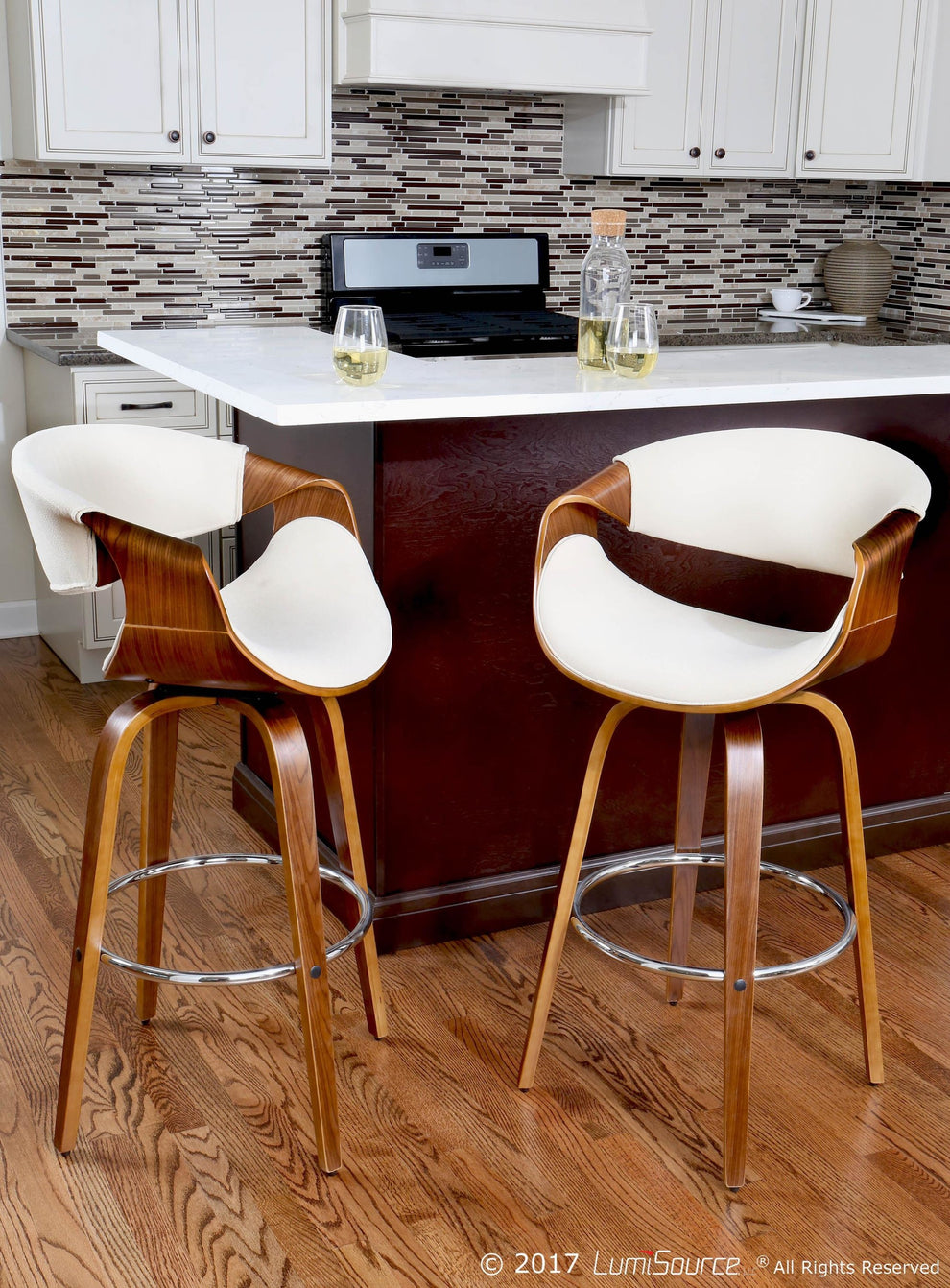 Curvini Mid-Century Modern Barstool in Walnut Wood and Blue Fabric By LumiSource - Set of 2 | Bar Stools | Modishstore - 17