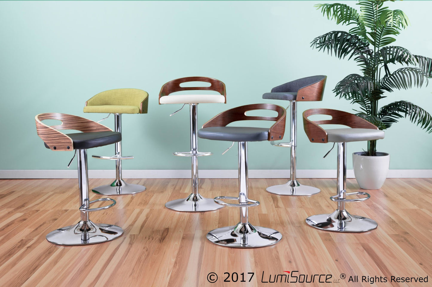 Shiraz Mid-Century Modern Adjustable Barstool with Swivel in Chrome, Walnut and Green Fabric By LumiSource - Set of 2 | Bar Stools | Modishstore - 6