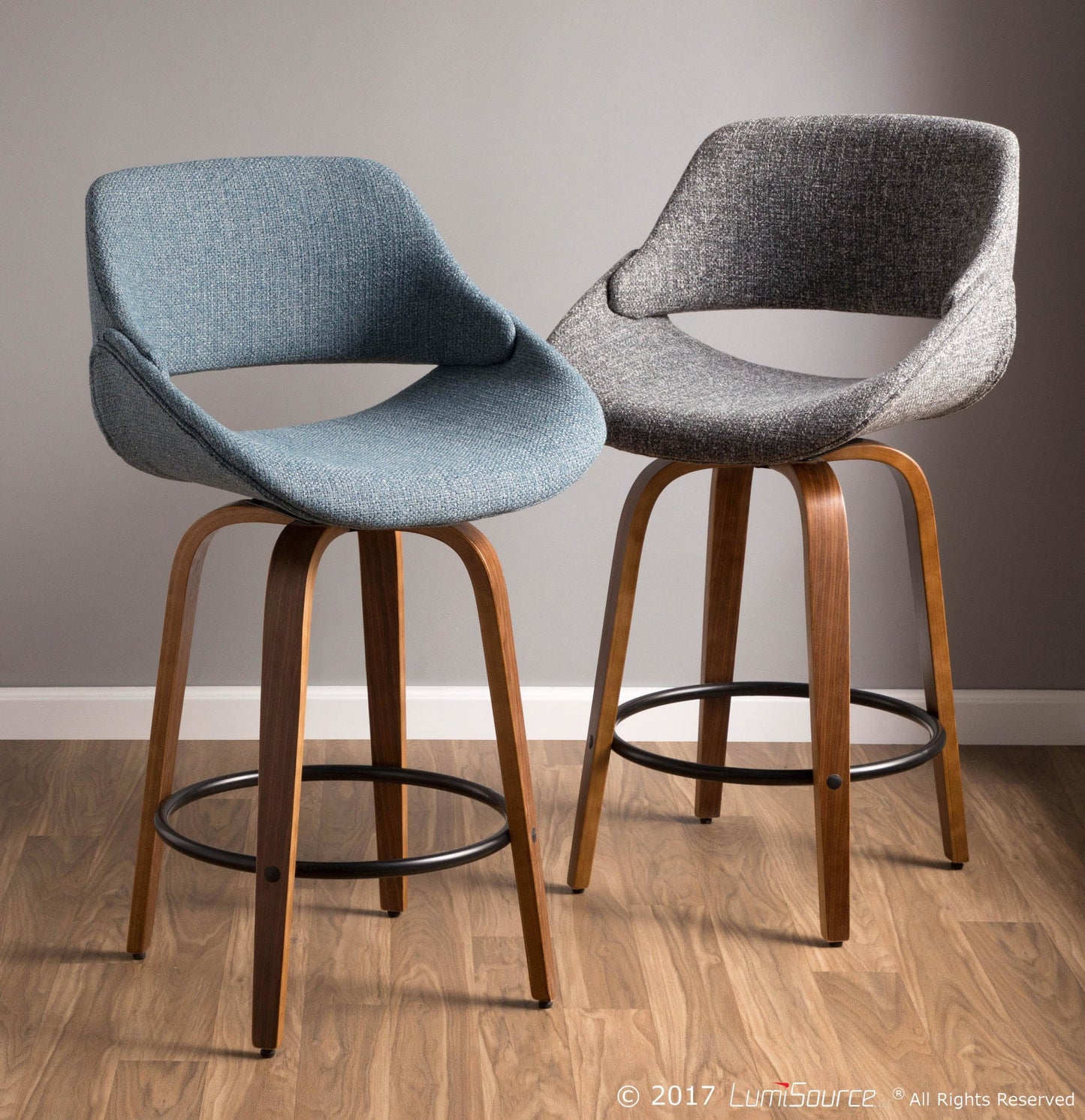 Fabrico Mid-Century Modern Counter Stool in Walnut and Blue Noise Fabric By LumiSource - Set of 2 | Counter Stools | Modishstore - 7