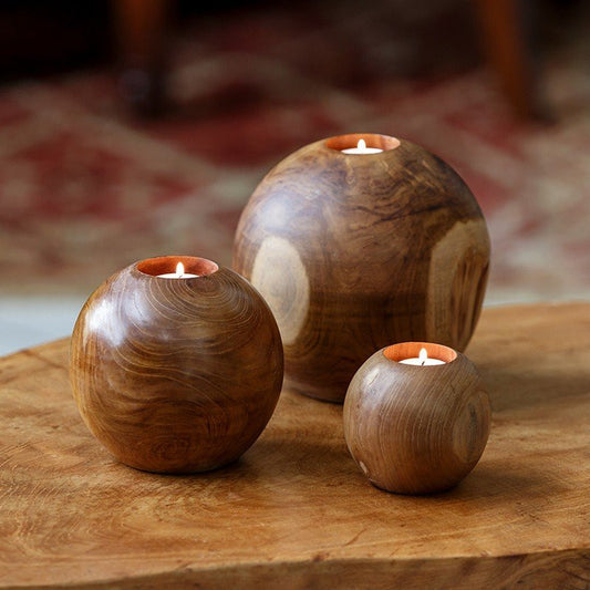Garden Age Supply Teak Ball Candle Holders - 2 Sets of 3 Pieces Each | Candle Holders | Modishstore