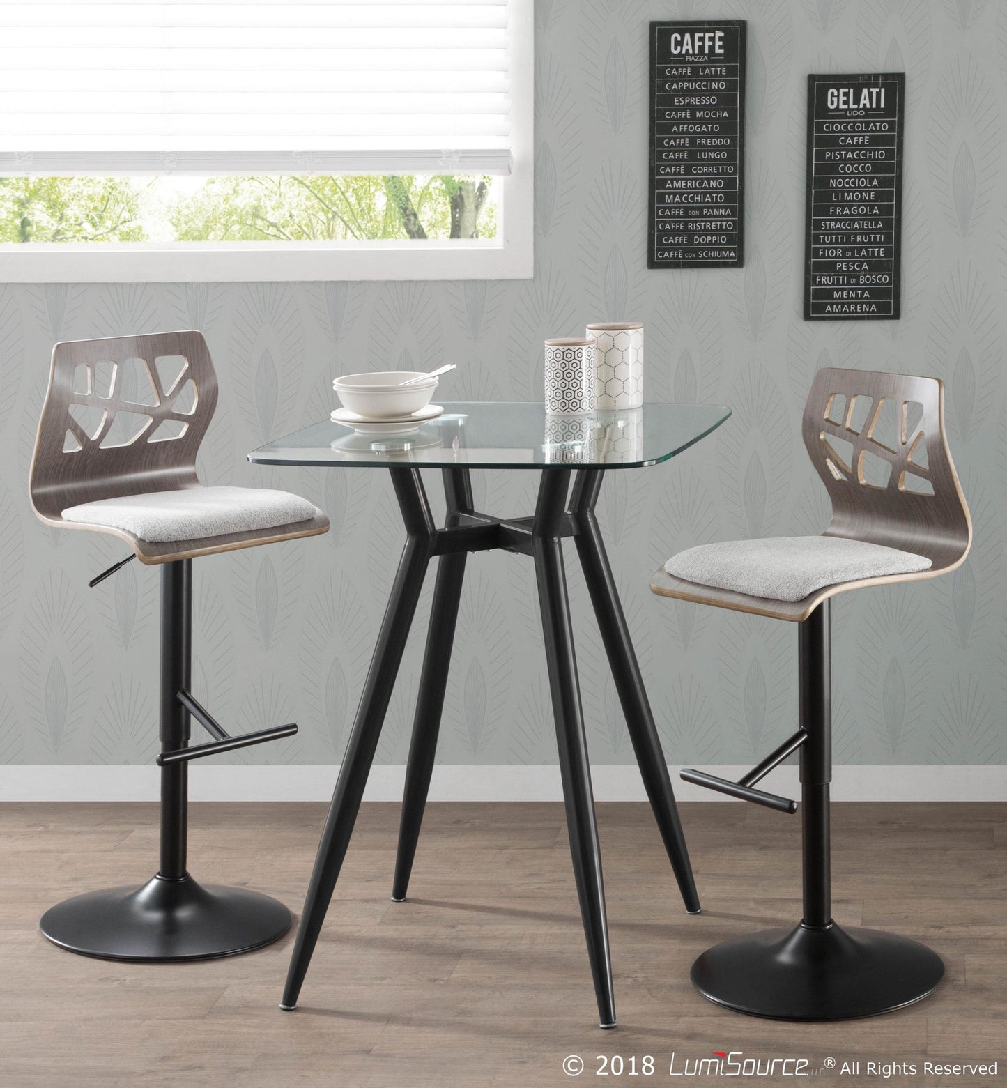 Folia Mid-Century Modern Adjustable Barstool with Swivel in Black Metal, Light Grey Wood and Light Grey Fabric By LumiSource - Set of 2 | Bar Stools | Modishstore