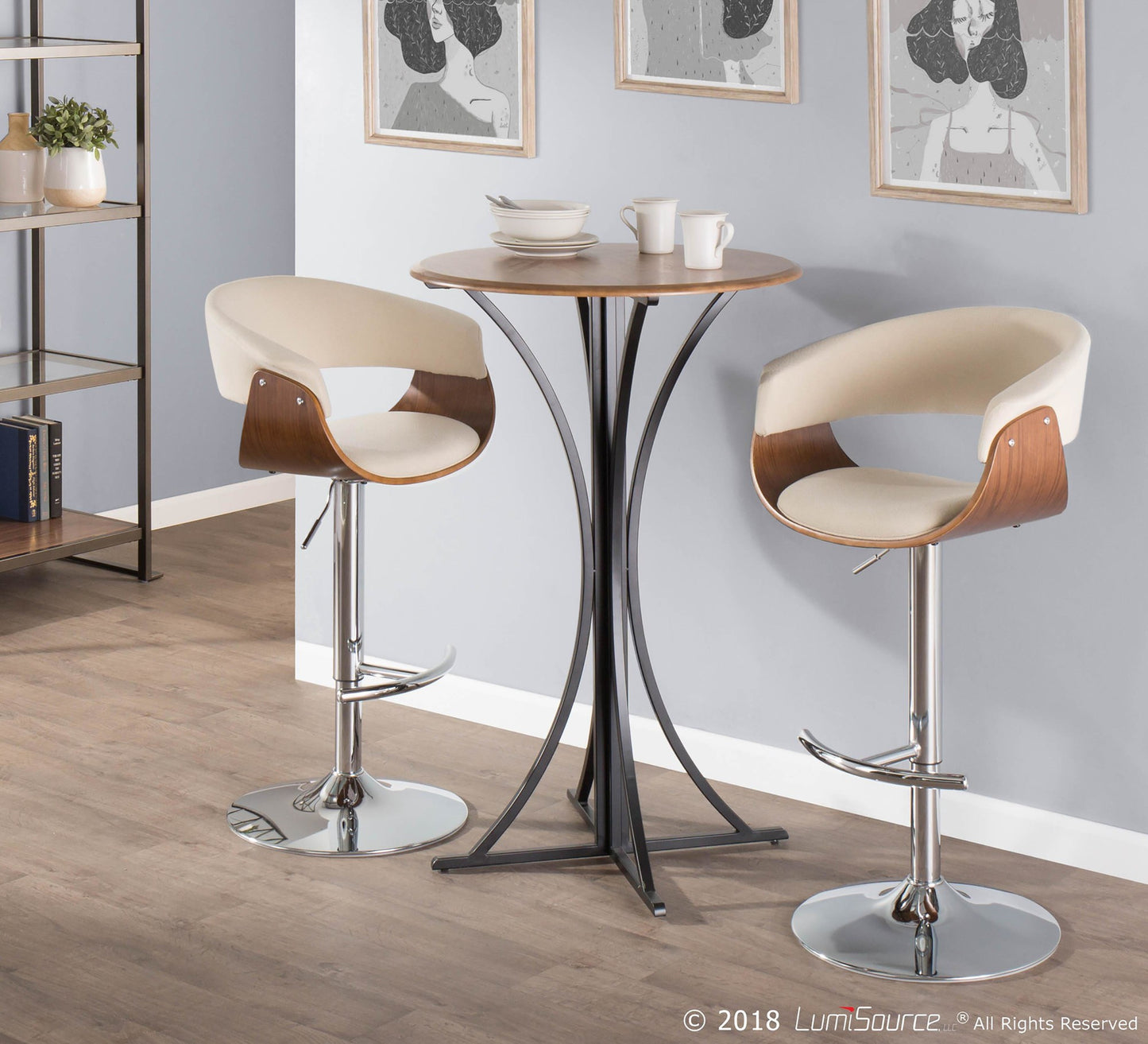 Vintage Mod Mid-Century Modern Adjustable Barstool with Swivel in Walnut and Cream Fabric By LumiSource - Set of 2 | Bar Stools | Modishstore