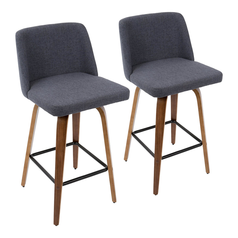 Toriano Mid-Century Modern Counter Stool in Walnut and Blue Fabric By LumiSource - Set of 2 | Counter Stools | Modishstore - 2