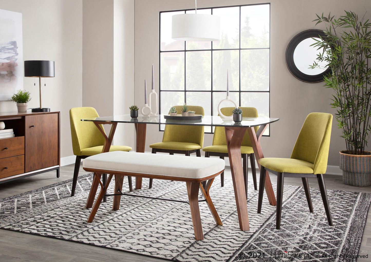 Folia Mid-Century Modern Bench in Walnut Wood and Charcoal Fabric By LumiSource | Benches | Modishstore - 9