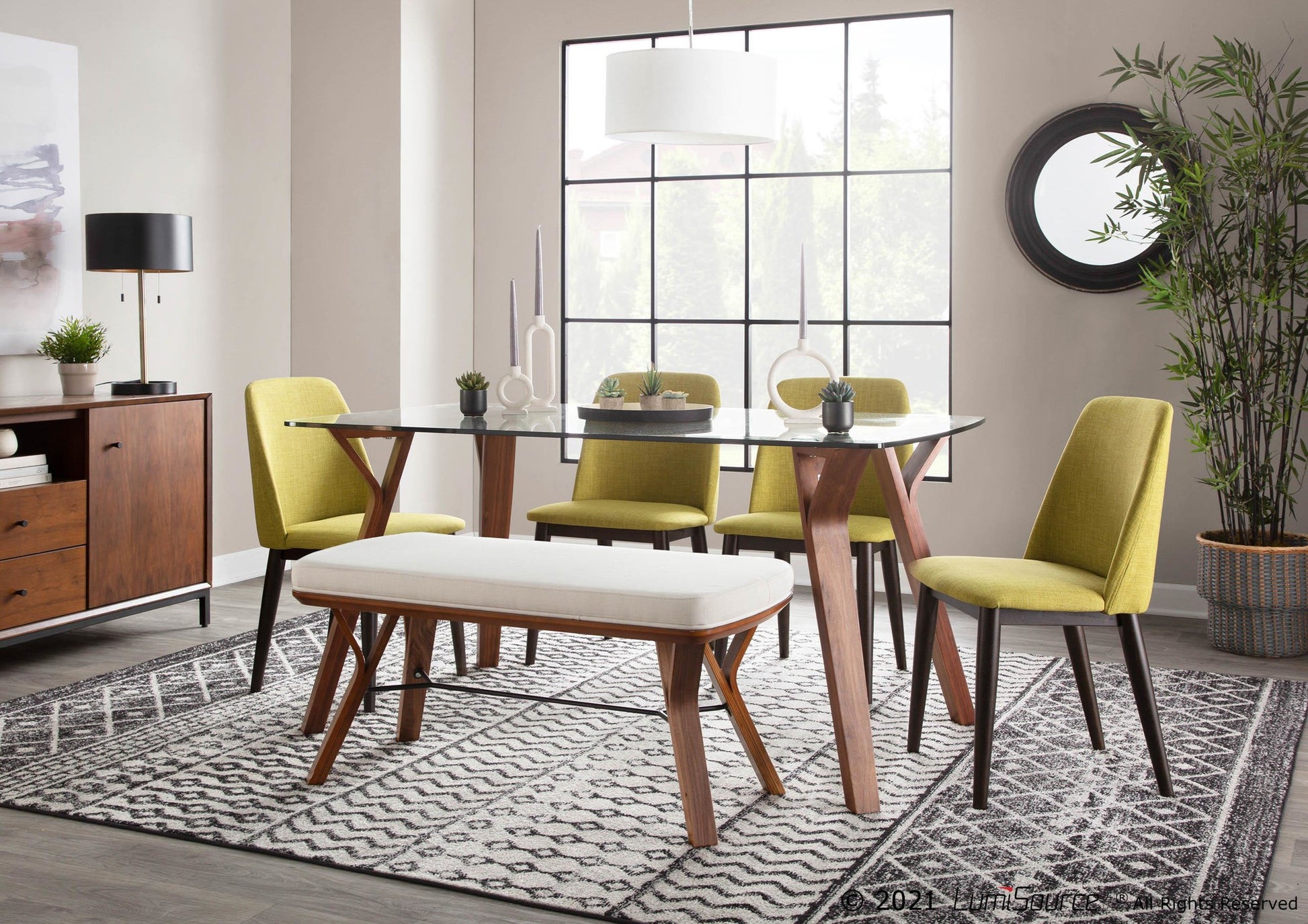 Folia Mid-Century Modern Bench in Walnut Wood and Charcoal Fabric By LumiSource | Benches | Modishstore - 9