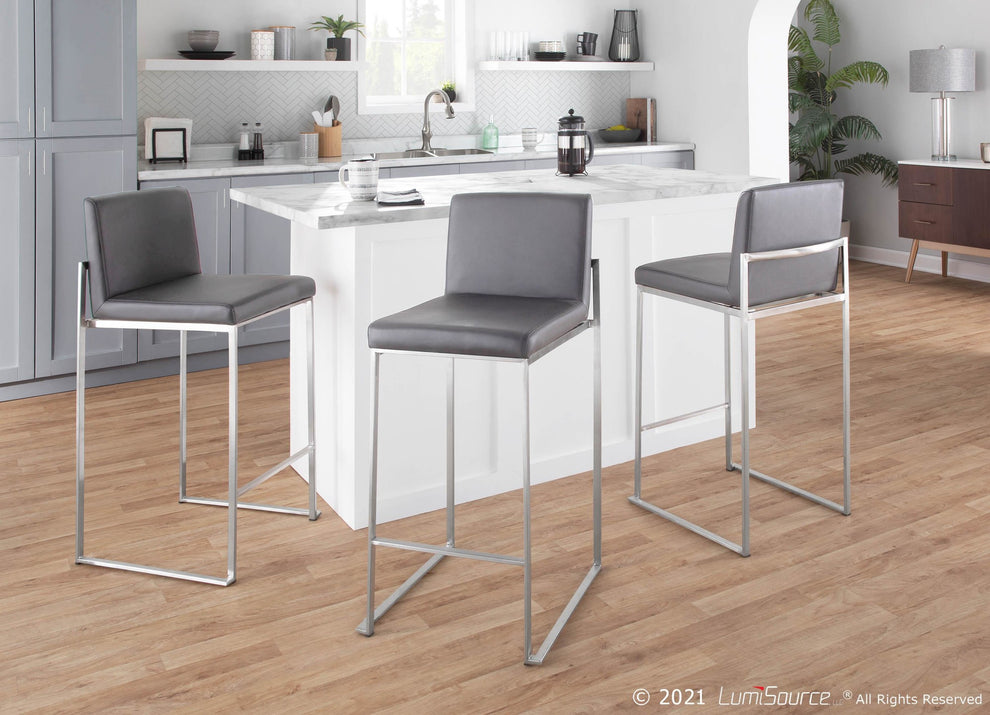 Fuji Contemporary High Back Counter Stool in Stainless Steel and Grey Faux Leather By LumiSource - Set of 2 | Counter Stools | Modishstore - 7