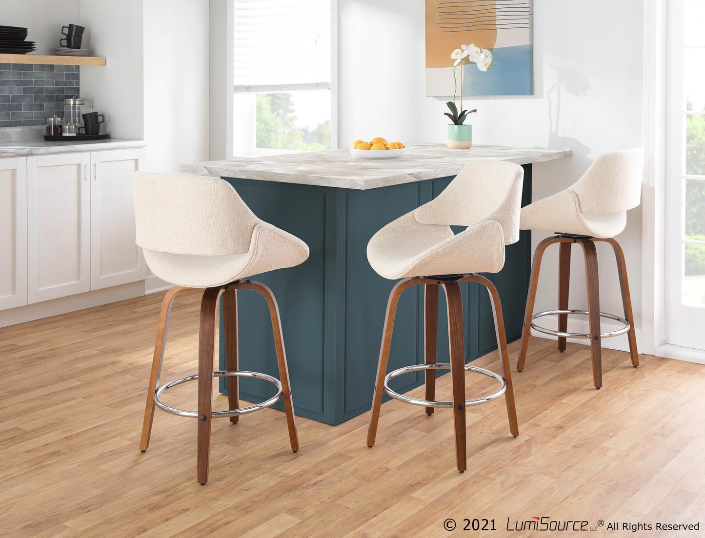 Fabrico Mid-Century Modern Counter Stool in Walnut and Blue Noise Fabric By LumiSource - Set of 2 | Counter Stools | Modishstore - 17