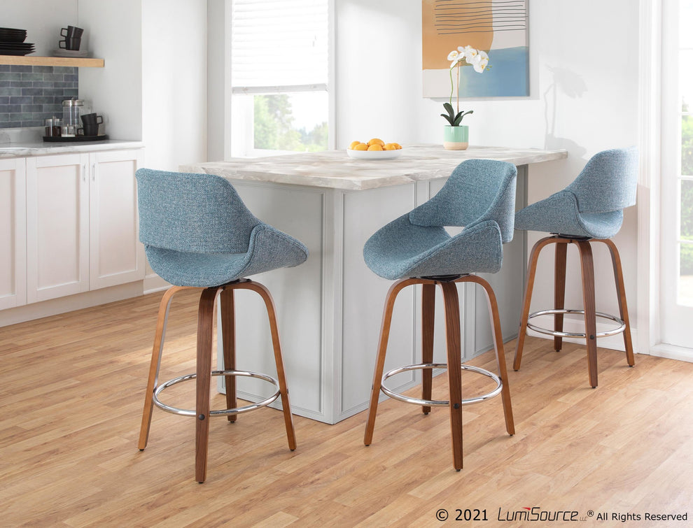 Fabrico Mid-Century Modern Counter Stool in Walnut and Blue Noise Fabric By LumiSource - Set of 2 | Counter Stools | Modishstore