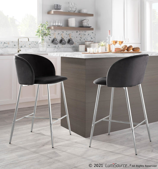 Fran Contemporary Counter Stool in Chrome Metal and Black Velvet By LumiSource - Set of 2 | Counter Stools | Modishstore