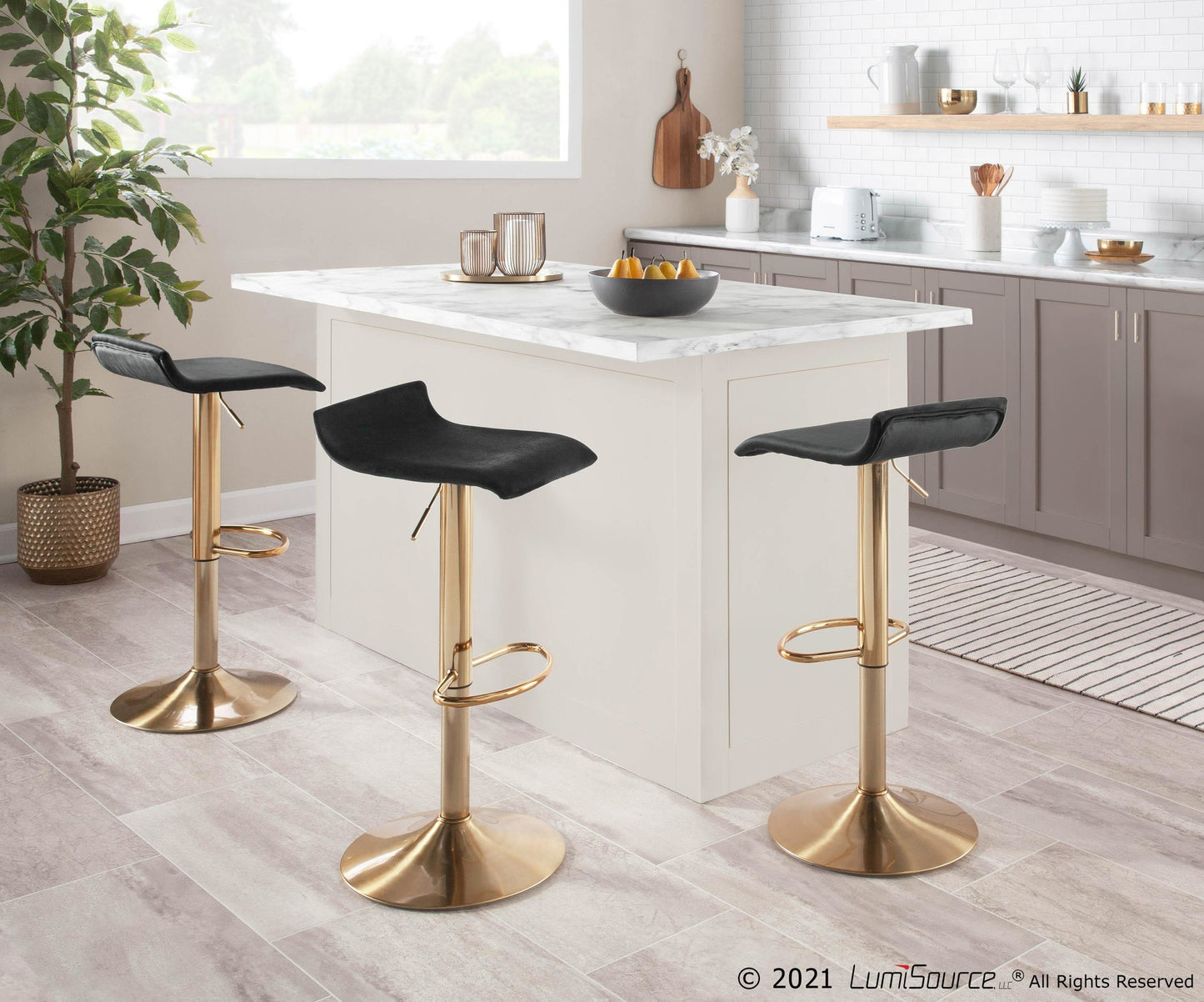 Ale Contemporary Adjustable Height Barstool with Swivel in Gold Brushed Metal and Black Velvet with Oval Footrest By LumiSource - Set of 2 | Bar Stools | Modishstore - 5