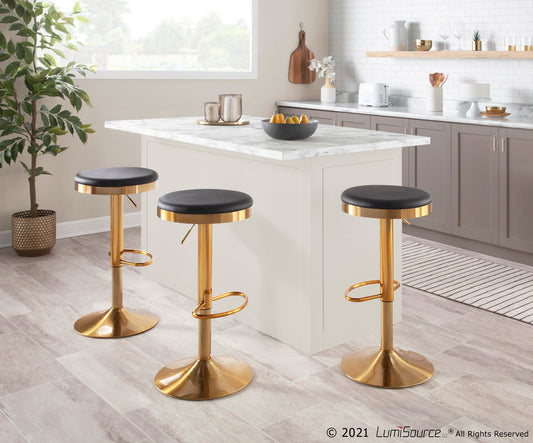 Dakota Contemporary Upholstered Adjustable Barstool in Gold Steel and Black Faux Leather By LumiSource - Set of 2 | Bar Stools | Modishstore