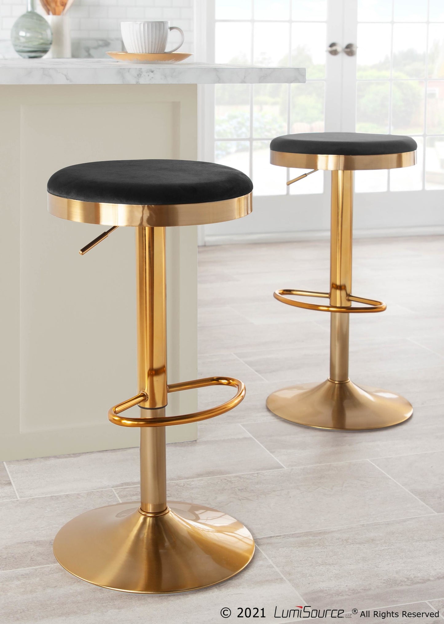 Dakota Contemporary Upholstered Adjustable Barstool in Gold Steel and Black Velvet By LumiSource - Set of 2 | Bar Stools | Modishstore - 6