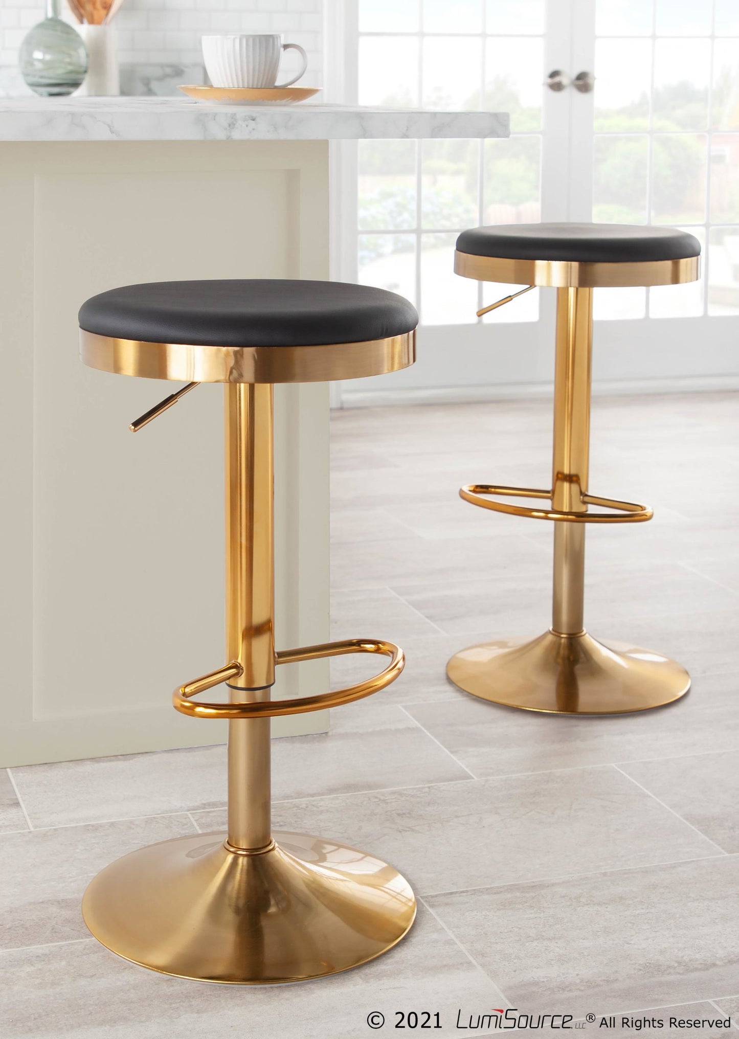 Dakota Contemporary Upholstered Adjustable Barstool in Gold Steel and Black Faux Leather By LumiSource - Set of 2 | Bar Stools | Modishstore - 6