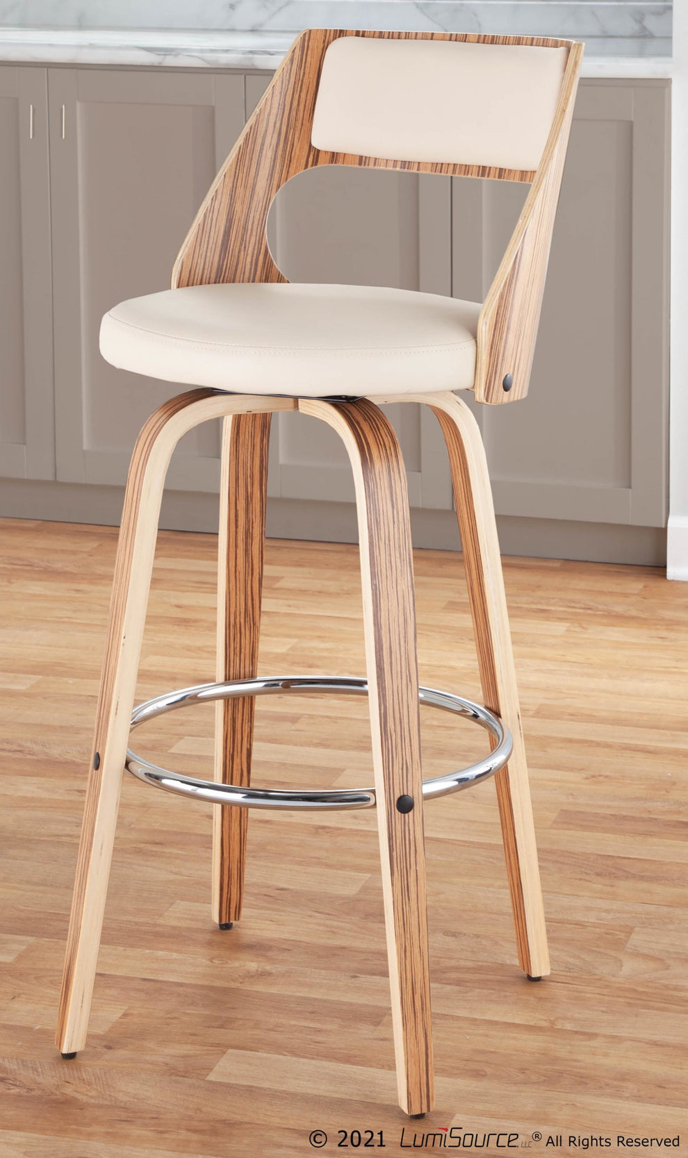 Cecina 30'' Mid-Century Modern Fixed Height Barstool with Swivel in Zebra and Cream Faux Leather By LumiSource - Set of 2 | Bar Stools | Modishstore - 6