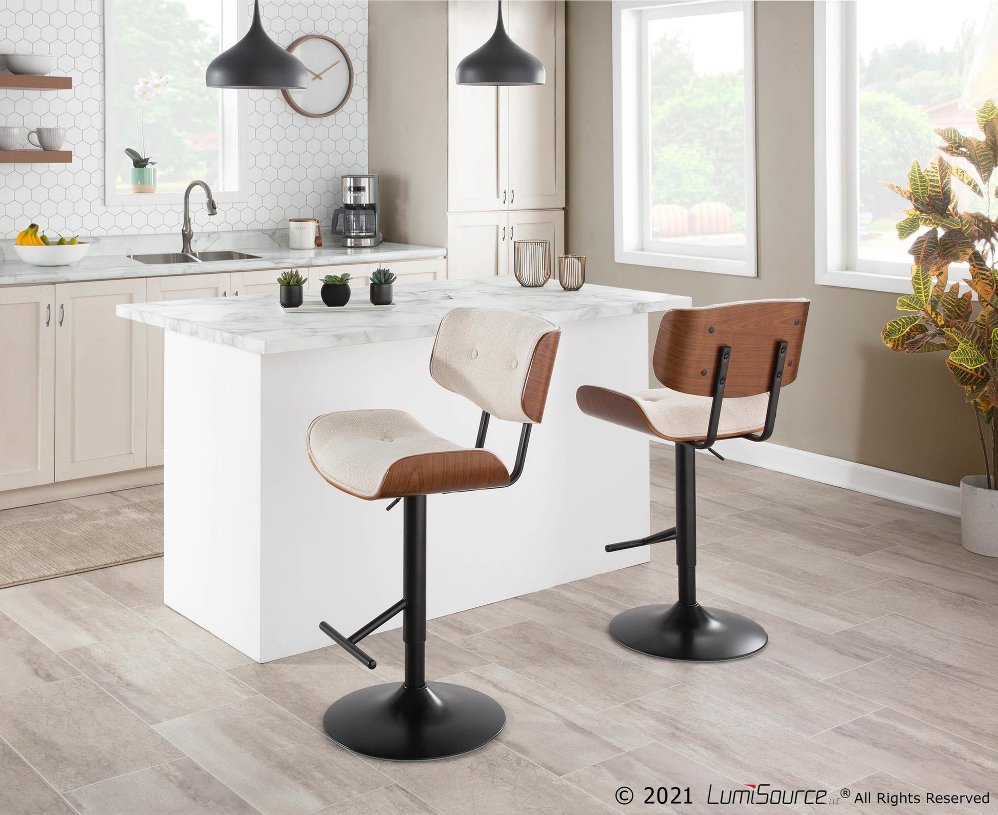 Lombardi Mid-Century Modern Adjustable Barstool with Swivel in Black Metal, Cream Noise Fabric and Walnut Wood Accent By LumiSource - Set of 2 | Bar Stools | Modishstore - 2