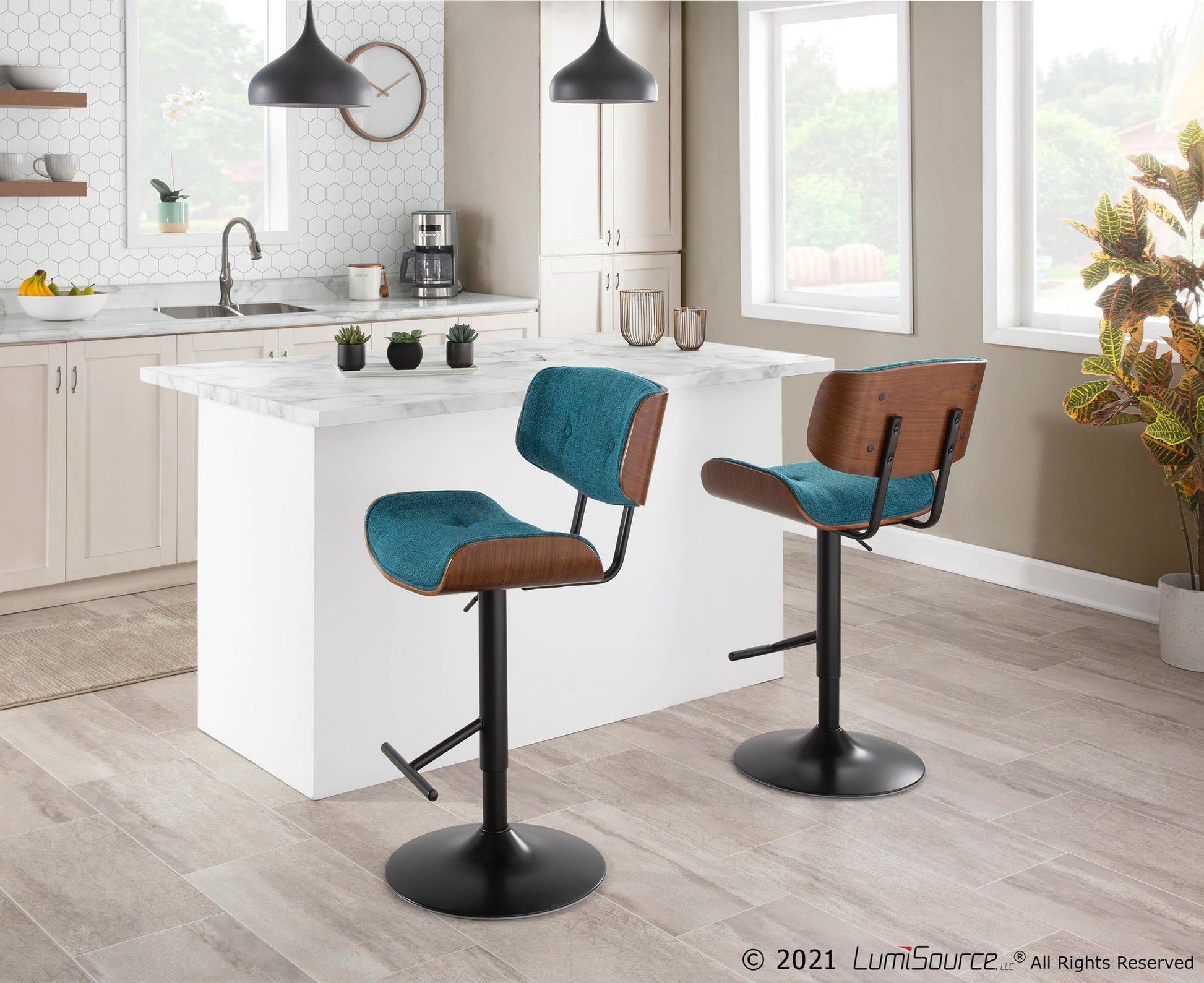 Lombardi Mid-Century Modern Adjustable Barstool with Swivel in Black Metal, Cream Noise Fabric and Walnut Wood Accent By LumiSource - Set of 2 | Bar Stools | Modishstore - 26