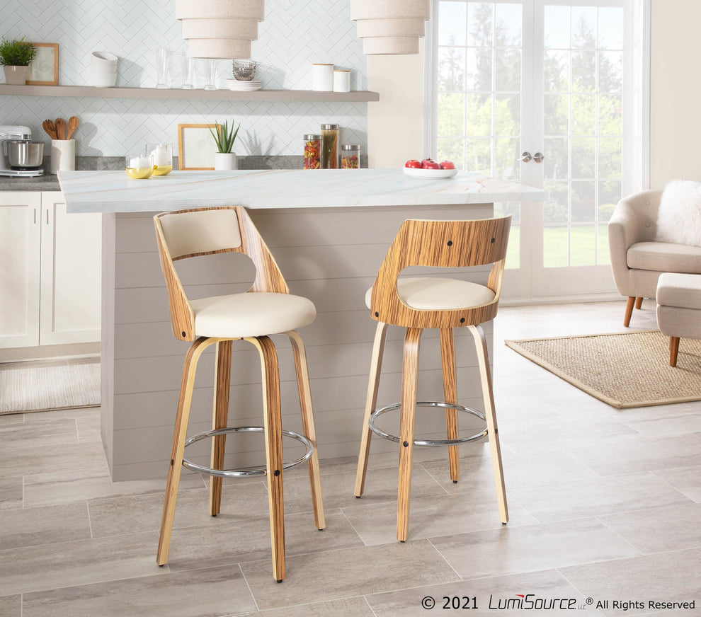 Cecina 30'' Mid-Century Modern Fixed Height Barstool with Swivel in Zebra and Cream Faux Leather By LumiSource - Set of 2 | Bar Stools | Modishstore - 7