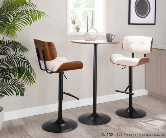 Lombardi Mid-Century Modern Adjustable Barstool with Swivel in Black Metal, Cream Noise Fabric and Walnut Wood Accent By LumiSource - Set of 2 | Bar Stools | Modishstore