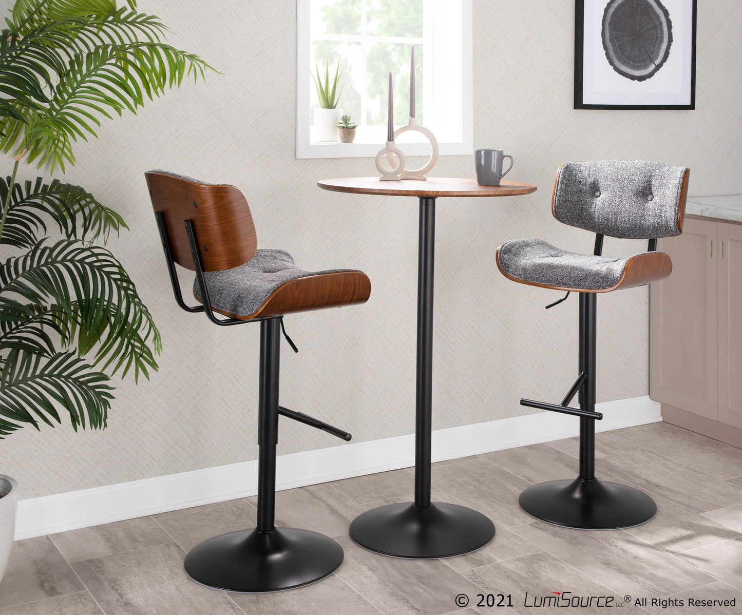 Lombardi Mid-Century Modern Adjustable Barstool with Swivel in Black Metal, Cream Noise Fabric and Walnut Wood Accent By LumiSource - Set of 2 | Bar Stools | Modishstore - 17