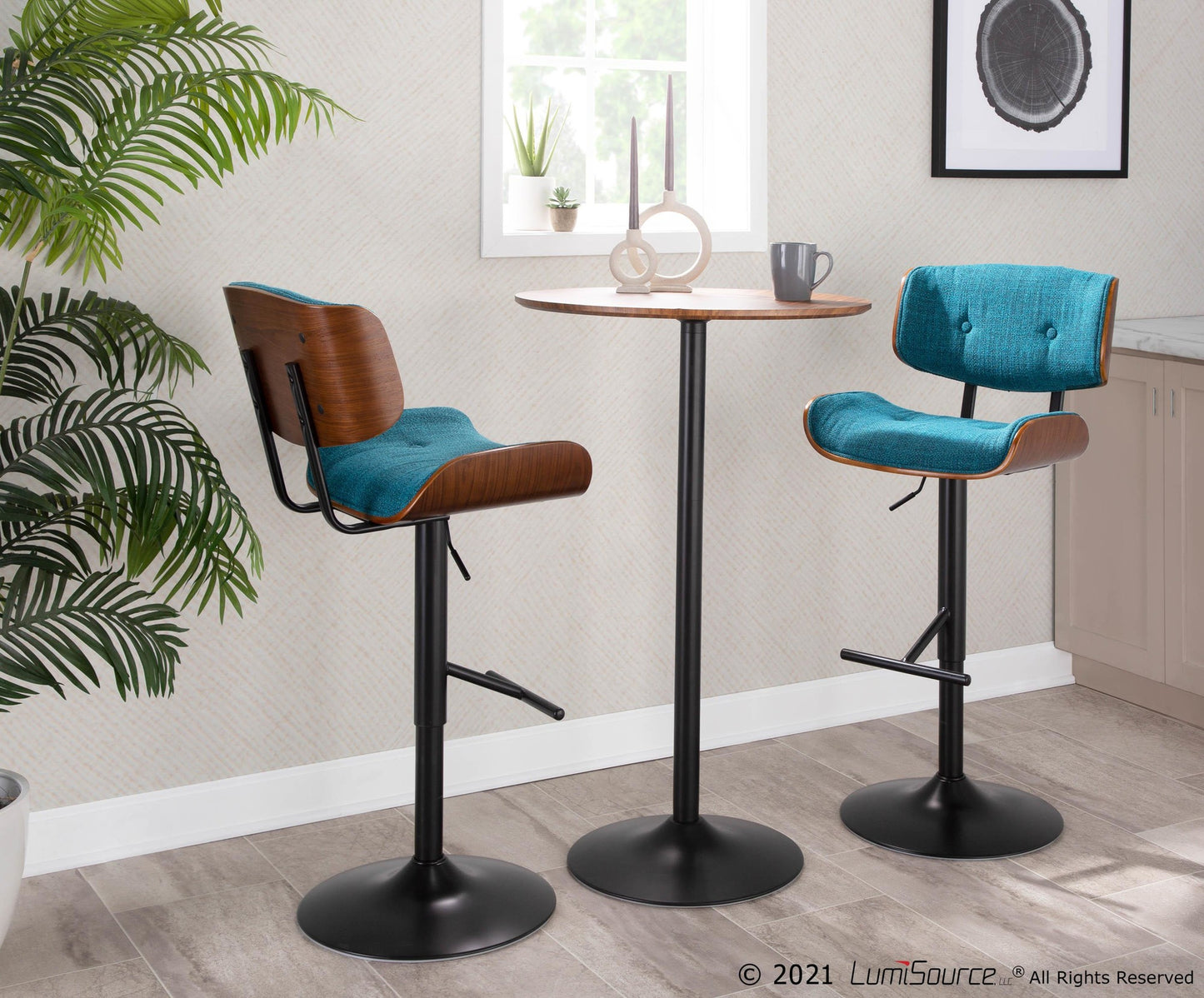 Lombardi Mid-Century Modern Adjustable Barstool with Swivel in Black Metal, Cream Noise Fabric and Walnut Wood Accent By LumiSource - Set of 2 | Bar Stools | Modishstore - 27