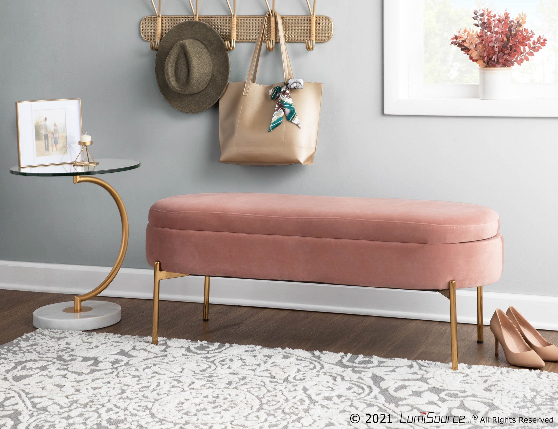 Chloe Contemporary/Glam Storage Bench in Gold Metal and Blush Pink Velvet By LumiSource | Benches | Modishstore - 6