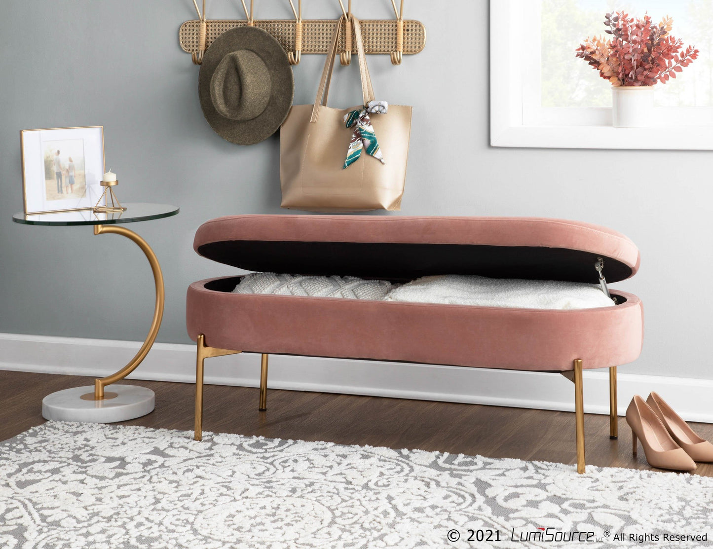 Chloe Contemporary/Glam Storage Bench in Gold Metal and Blush Pink Velvet By LumiSource | Benches | Modishstore - 7