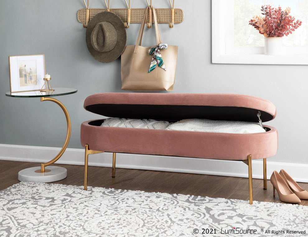 Chloe Contemporary/Glam Storage Bench in Gold Metal and Blush Pink Velvet By LumiSource | Benches | Modishstore - 7