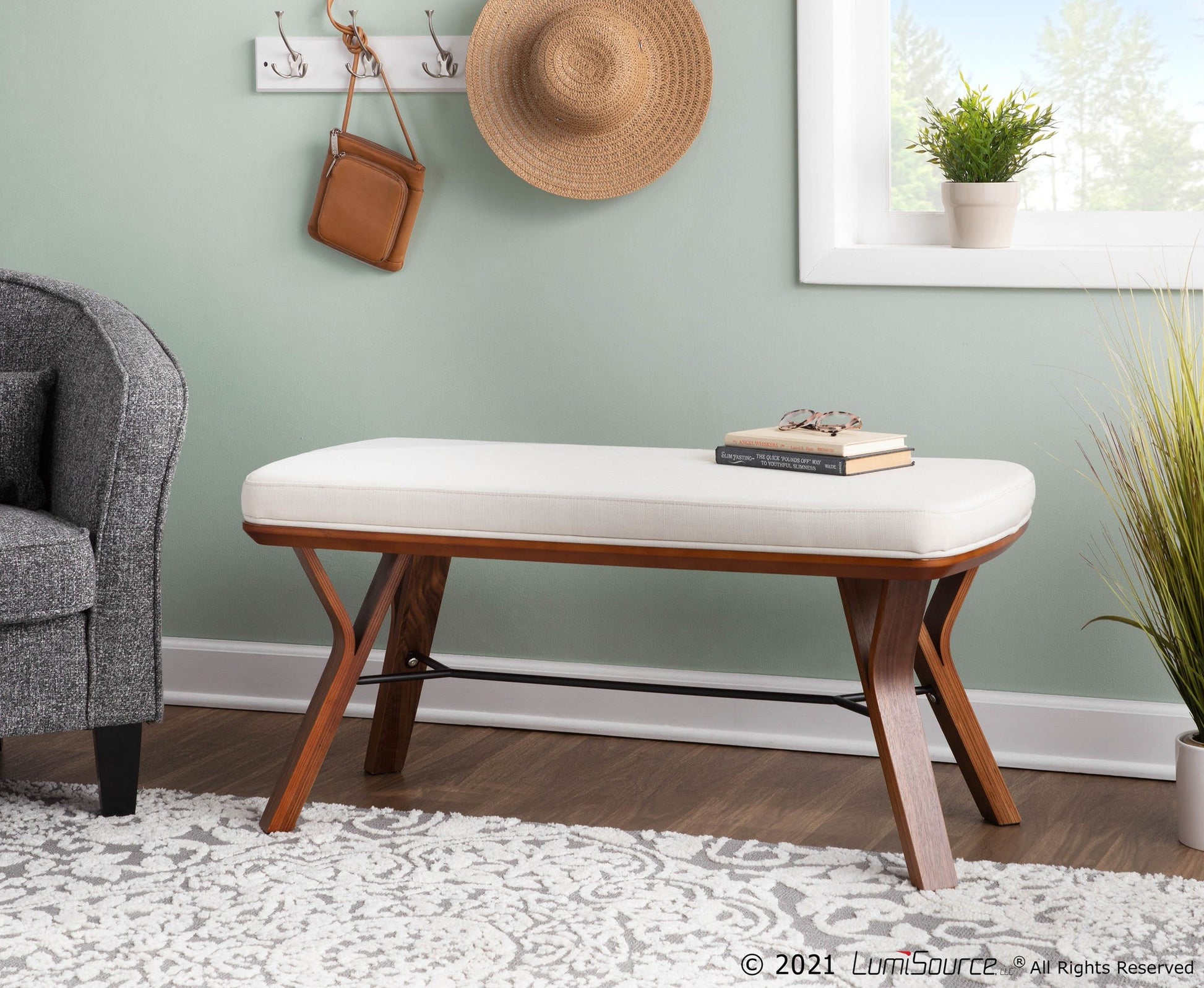 Folia Mid-Century Modern Bench in Walnut Wood and Charcoal Fabric By LumiSource | Benches | Modishstore - 10