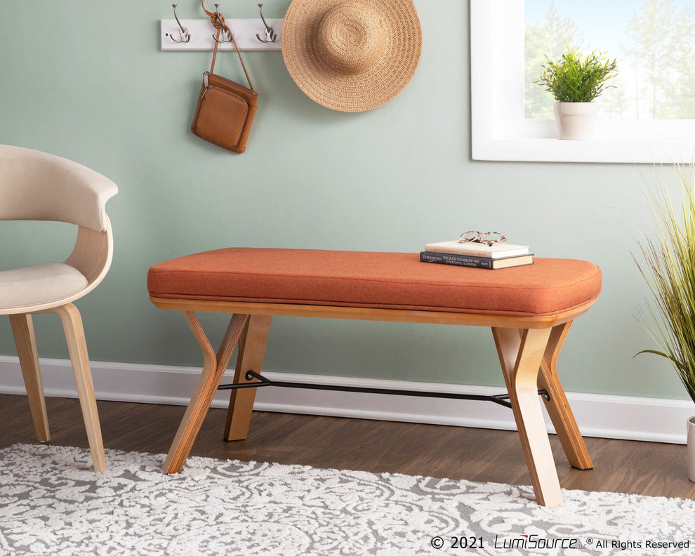 Folia Mid-Century Modern Bench in Natural Wood and Charcoal Fabric By LumiSource | Benches | Modishstore - 18
