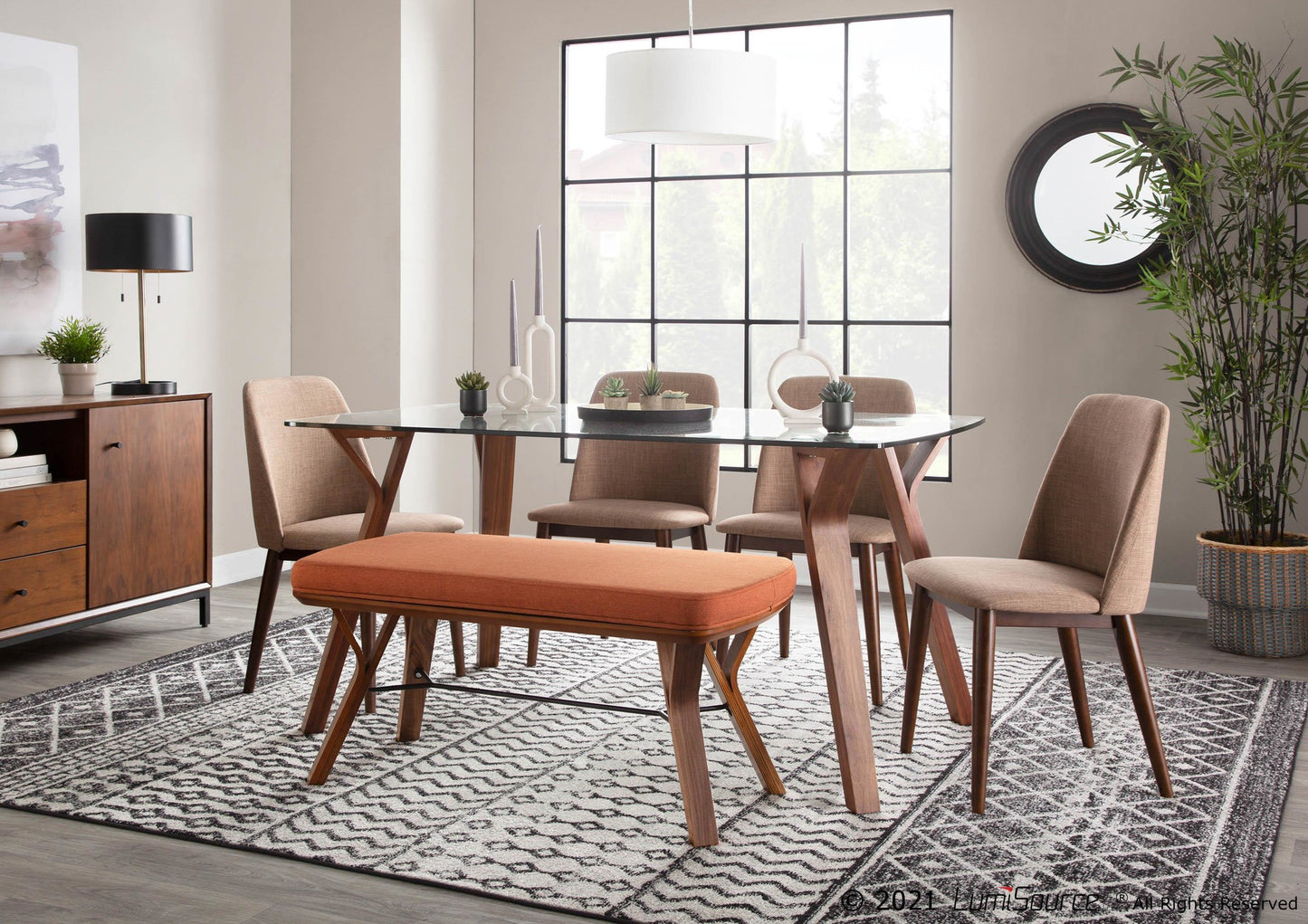 Folia Mid-Century Modern Bench in Walnut Wood and Charcoal Fabric By LumiSource | Benches | Modishstore - 18