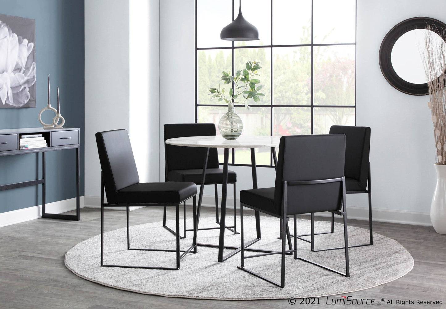 High Back Fuji Contemporary Dining Chair in Black Steel and Black Faux Leather By LumiSource - Set of 2 | Dining Chairs | Modishstore