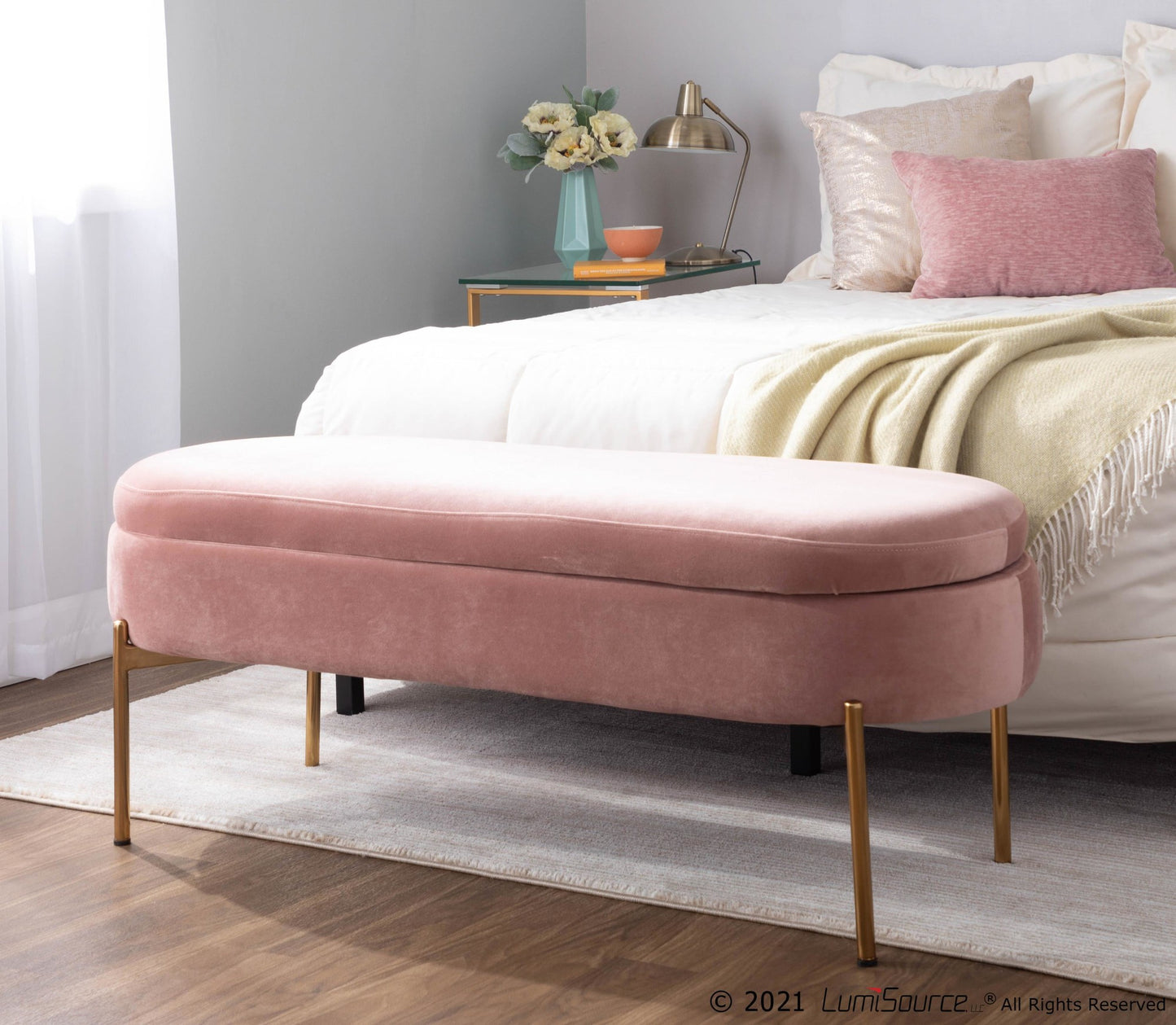 Chloe Contemporary/Glam Storage Bench in Gold Metal and Blush Pink Velvet By LumiSource | Benches | Modishstore