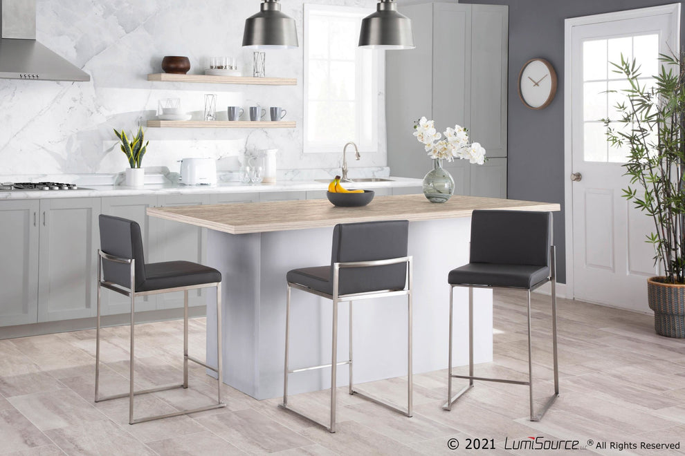 Fuji Contemporary High Back Counter Stool in Stainless Steel and Grey Faux Leather By LumiSource - Set of 2 | Counter Stools | Modishstore - 6