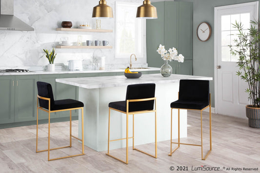 Fuji Contemporary High Back Counter Stool in Gold Steel and Black Velvet By LumiSource - Set of 2 | Counter Stools | Modishstore