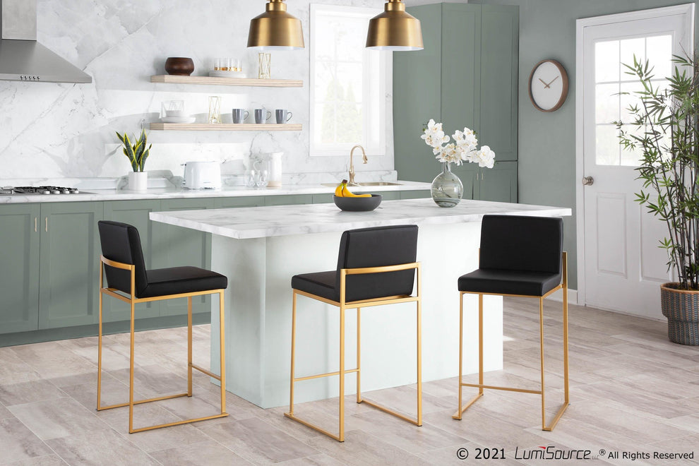 Fuji Contemporary High Back Counter Stool in Gold Steel and Black Faux Leather By LumiSource - Set of 2 | Counter Stools | Modishstore - 6