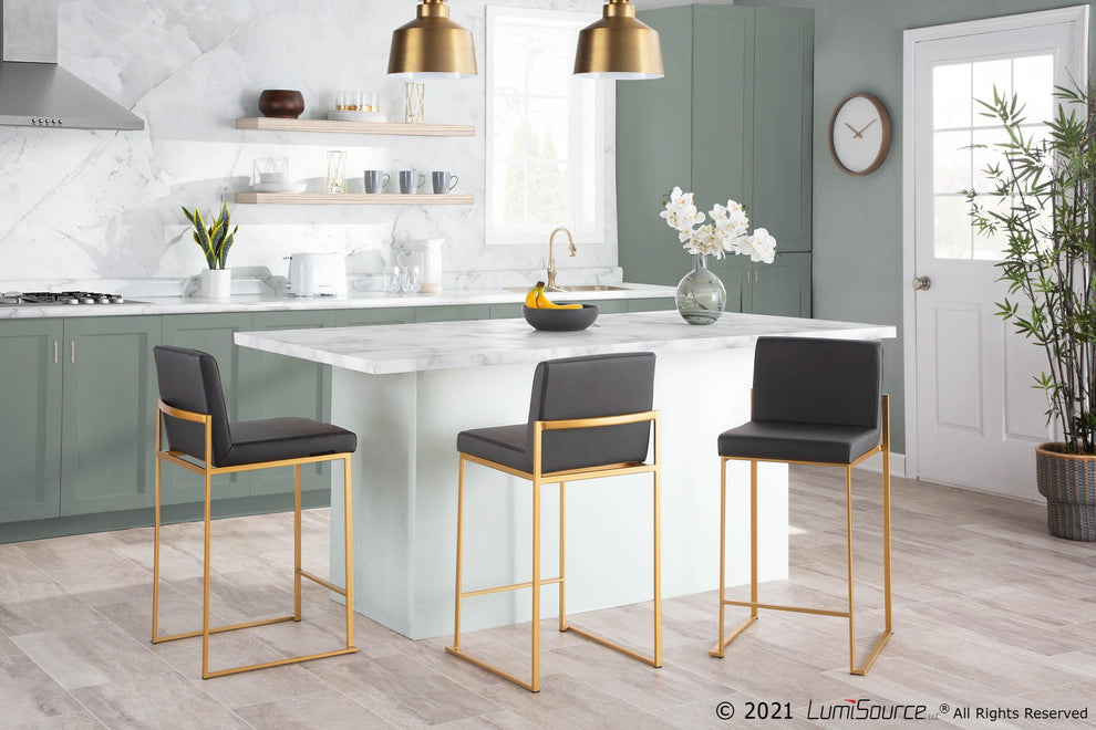 Fuji Contemporary High Back Counter Stool in Gold Steel and Black Faux Leather By LumiSource - Set of 2 | Counter Stools | Modishstore - 15