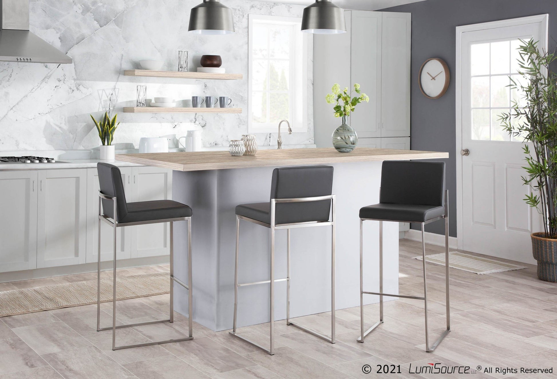 Fuji Contemporary High Back Barstool in Stainless Steel and Grey Faux Leather By LumiSource - Set of 2 | Bar Stools | Modishstore