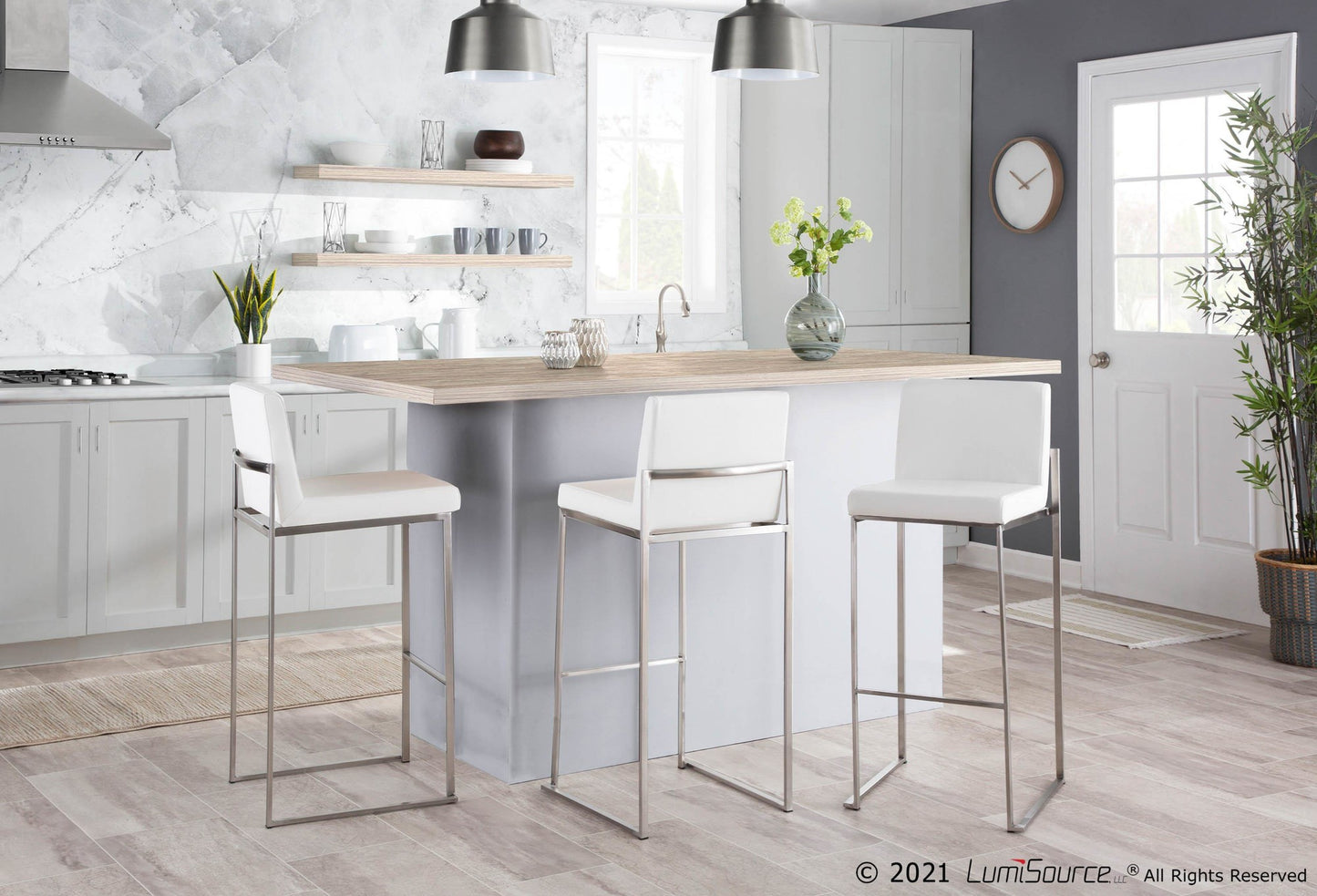 Fuji High Back Barstool - Set of 2 Gold Steel, Black PU By LumiSource | Bar Stools | Modishstore - 25